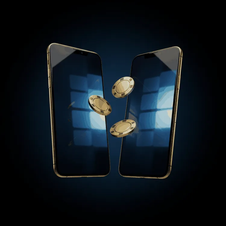 Dos smartphones negros mate con pantallas azules brillantes y fichas de casino doradas, la aplicación MegaPari