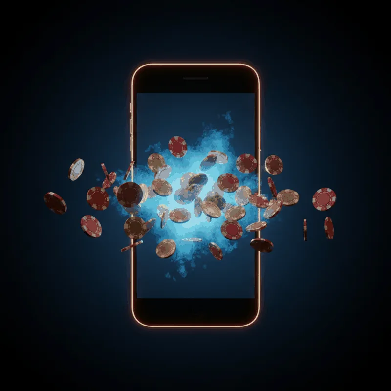 Smartphone derramando fichas de casino brillantes, juegos móviles de MegaPari