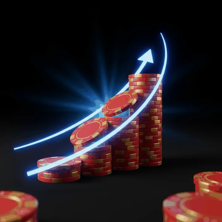 Pila creciente de fichas de casino rojas y doradas iluminadas en azul, juegos de tendencia de MegaPari