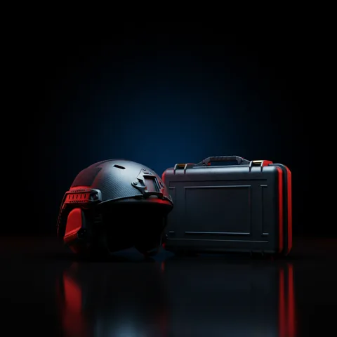Casco táctico y estuche de equipo en color gris metalizado, mercados de apuestas MegaPari CS2