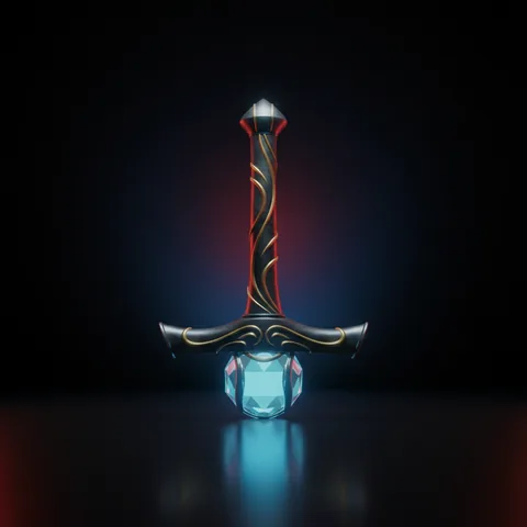 Empuñadura de espada metálica y orbe de cristal azul brillante, mercados de apuestas MegaPari Dota 2
